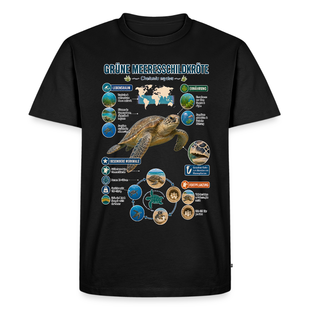 Grüne Meeresschildkröte Infografik – Faszinierende Fakten über den sanften Ozeanbewohner | Männer Premium T-Shirt - Schwarz