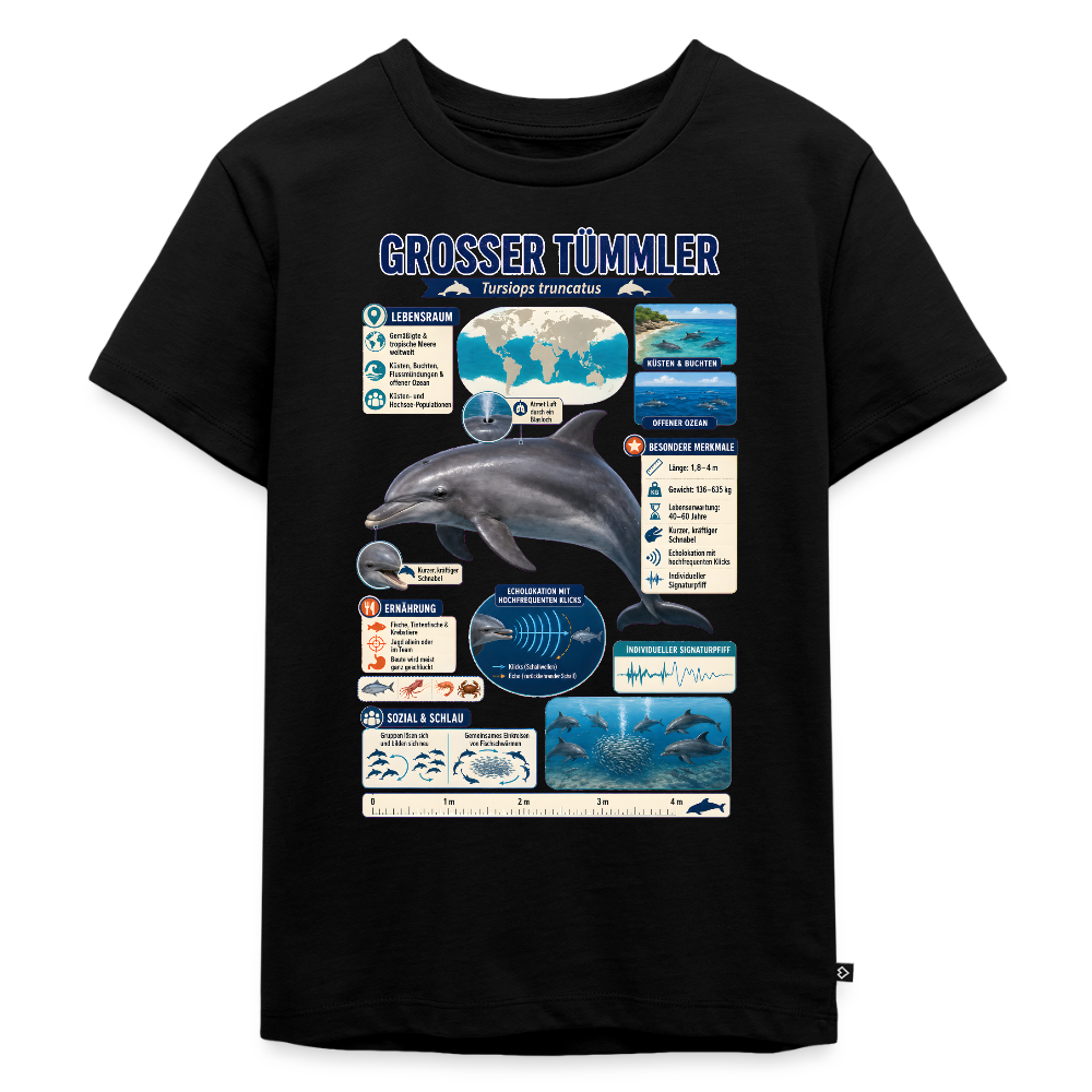 Großer Tümmler Infografik – Spannende Fakten über den intelligenten Delfin | Kinder Premium T-Shirt - Schwarz