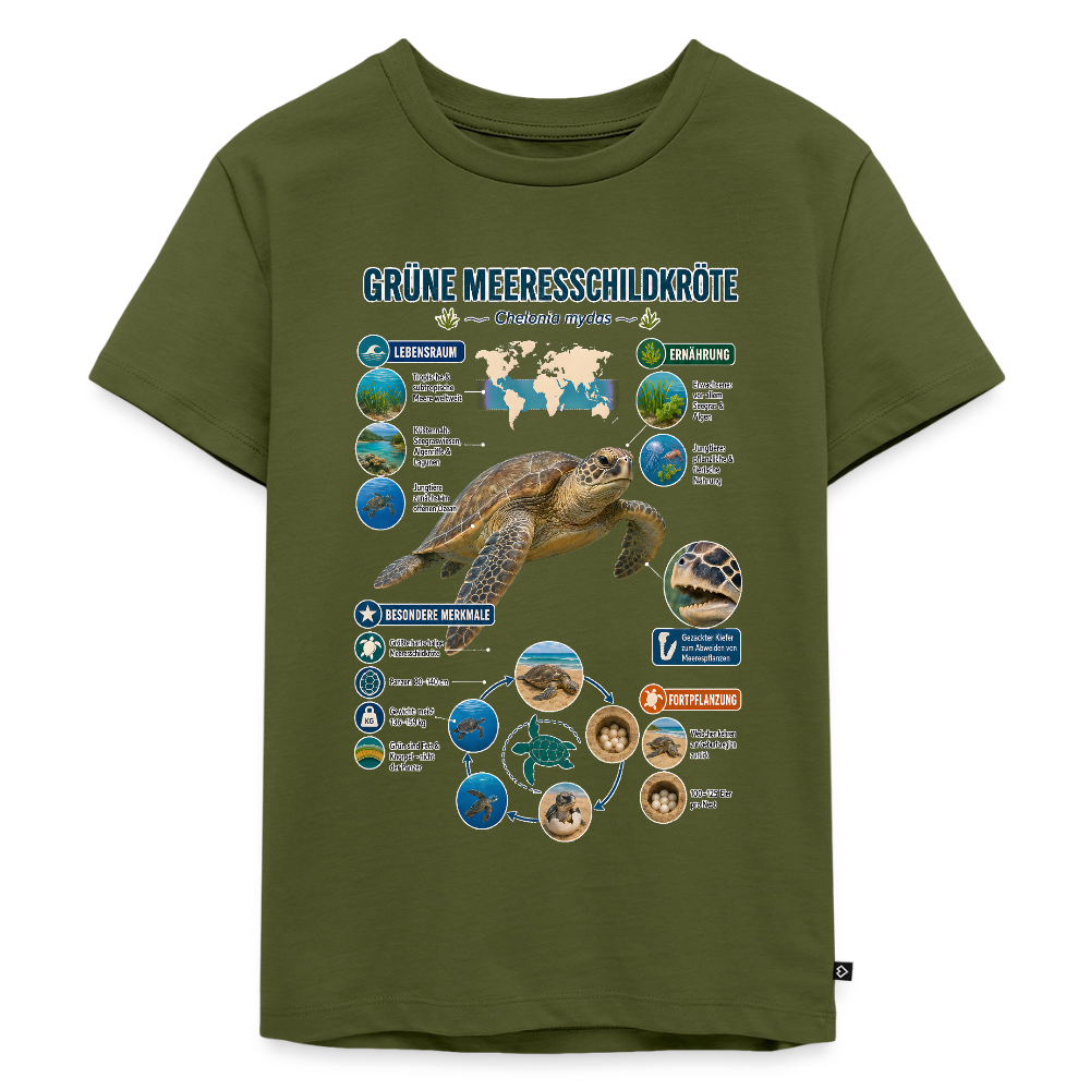 Grüne Meeresschildkröte Infografik – Faszinierende Fakten über den sanften Ozeanbewohner | Kinder Premium T-Shirt - Khaki