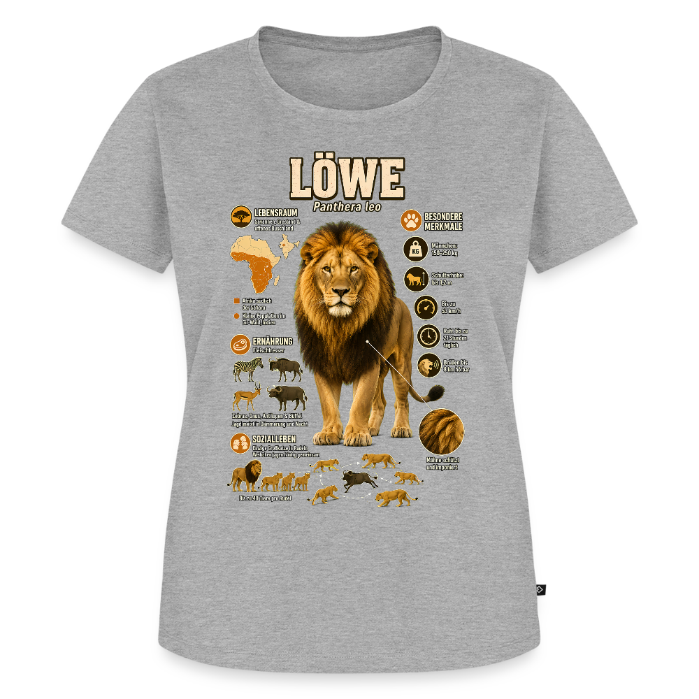 Löwe – König der Savanne | Tier-Infografik | Frauen Premium T-Shirt - Grau meliert
