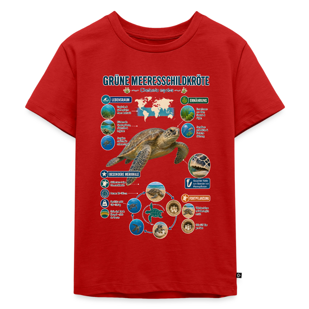 Grüne Meeresschildkröte Infografik – Faszinierende Fakten über den sanften Ozeanbewohner | Kinder Premium T-Shirt - Rot