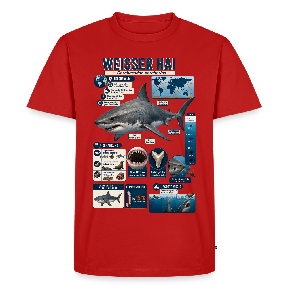 Weißer Hai Infografik – Faszinierende Fakten über den Meeresjäger | Männer Premium T-Shirt - Rot