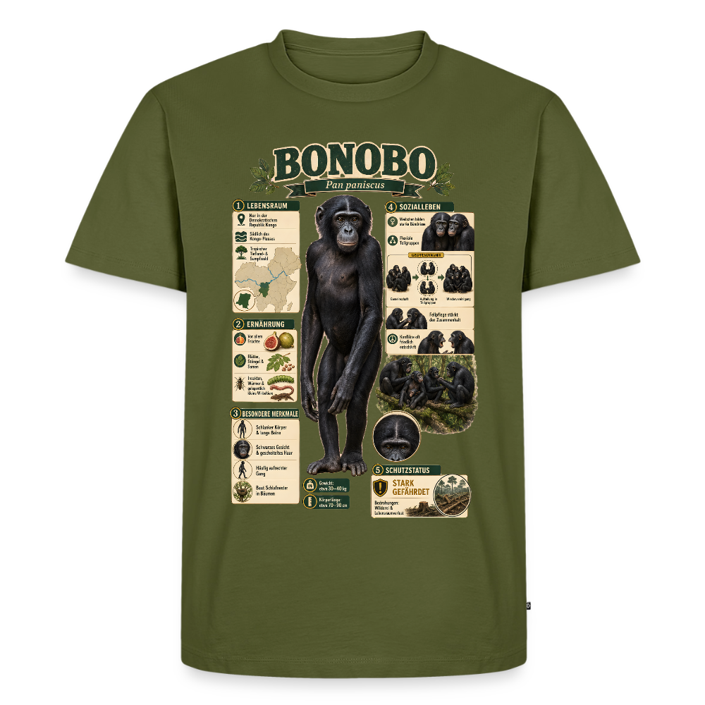 Bonobo Infografik – Faszinierende Fakten über unsere friedlichen Verwandten | Männer Premium T-Shirt - Khaki