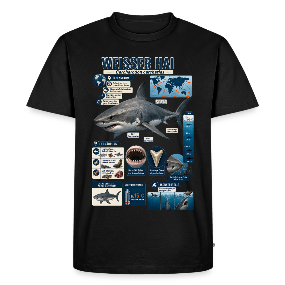 Weißer Hai Infografik – Faszinierende Fakten über den Meeresjäger | Männer Premium T-Shirt - Schwarz