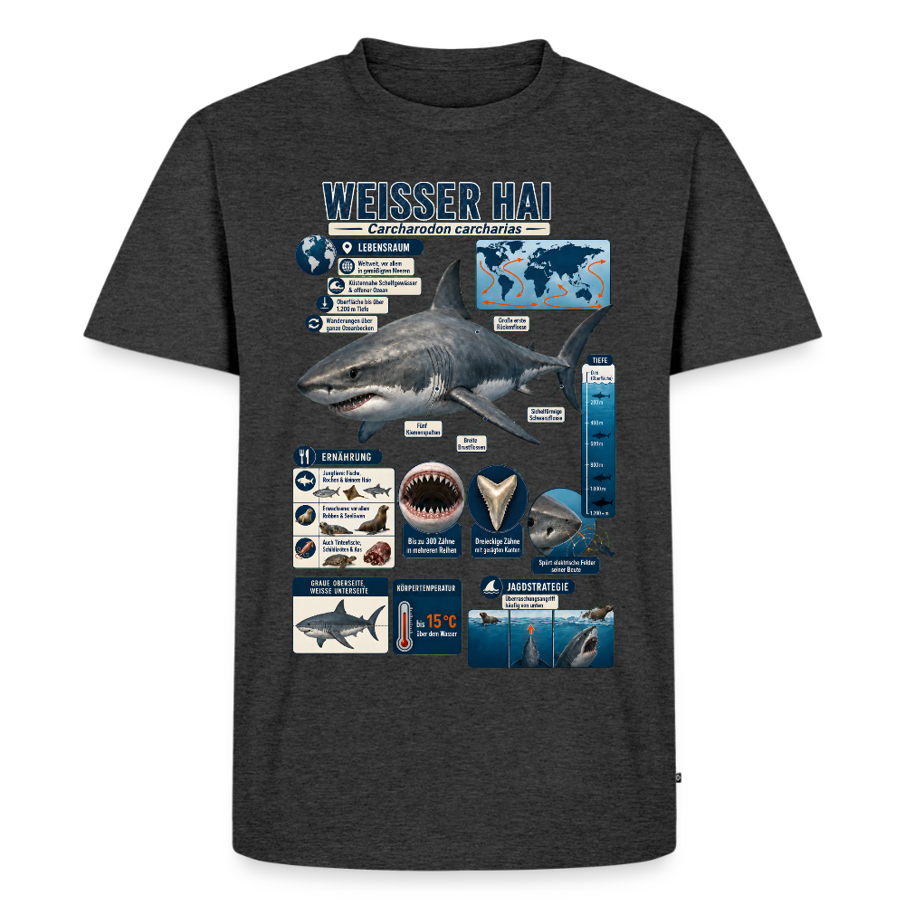 Weißer Hai Infografik – Faszinierende Fakten über den Meeresjäger | Männer Premium T-Shirt - Anthrazit meliert