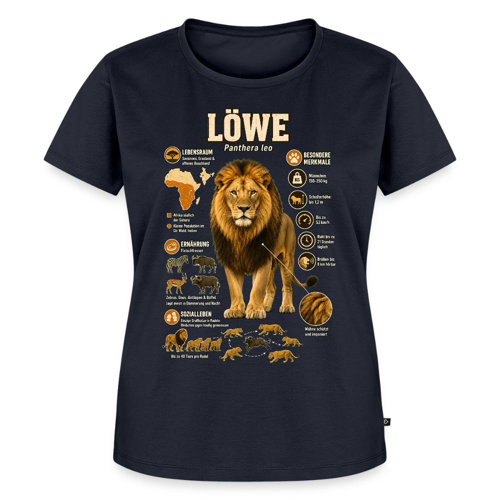 Löwe – König der Savanne | Tier-Infografik | Frauen Premium T-Shirt - Navy
