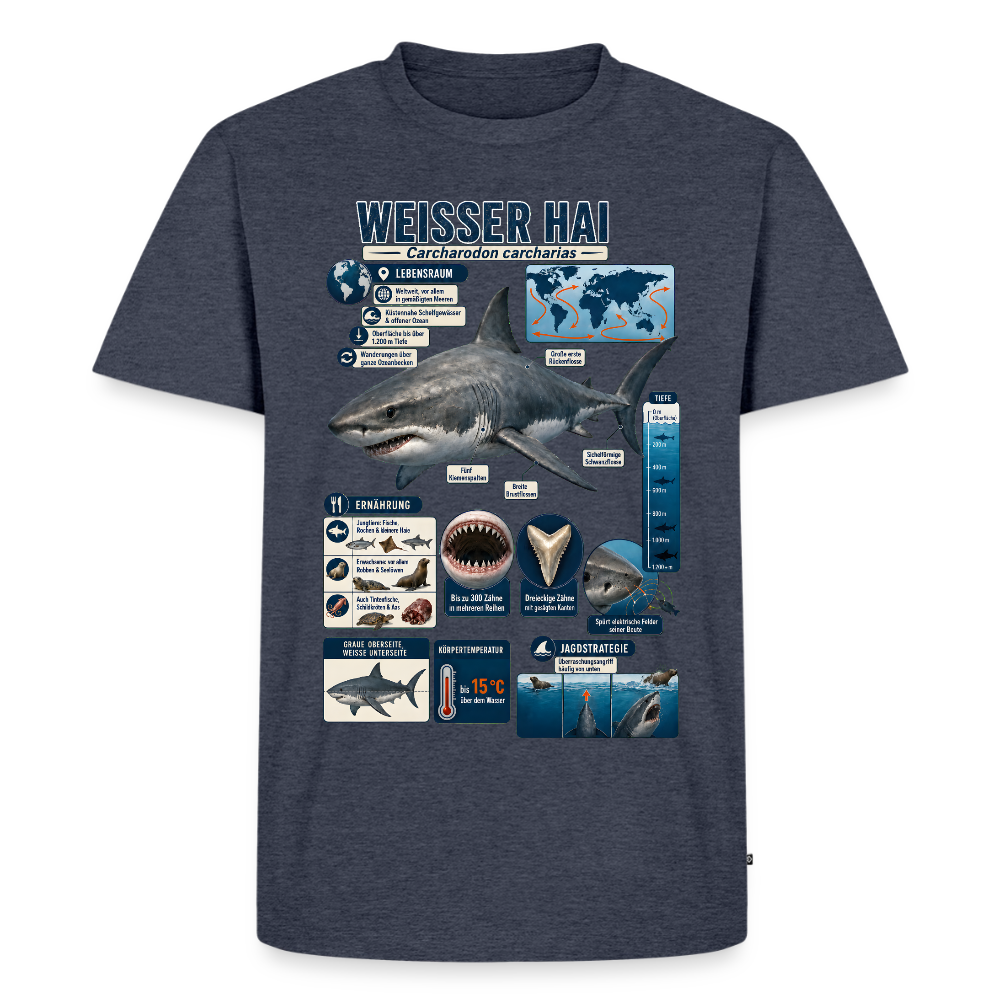Weißer Hai Infografik – Faszinierende Fakten über den Meeresjäger | Männer Premium T-Shirt - Jeansblau 