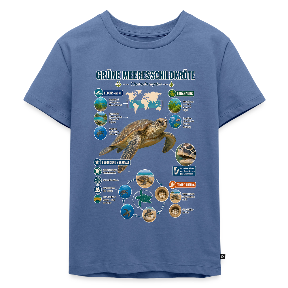 Grüne Meeresschildkröte Infografik – Faszinierende Fakten über den sanften Ozeanbewohner | Kinder Premium T-Shirt - Taubenblau