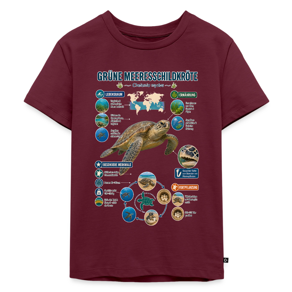 Grüne Meeresschildkröte Infografik – Faszinierende Fakten über den sanften Ozeanbewohner | Kinder Premium T-Shirt - Burgunderrot