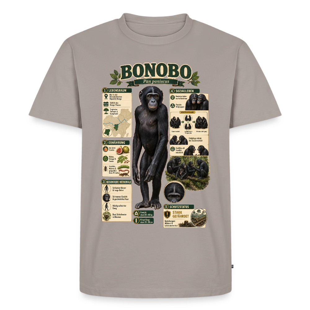 Bonobo Infografik – Faszinierende Fakten über unsere friedlichen Verwandten | Männer Premium T-Shirt - Taupe