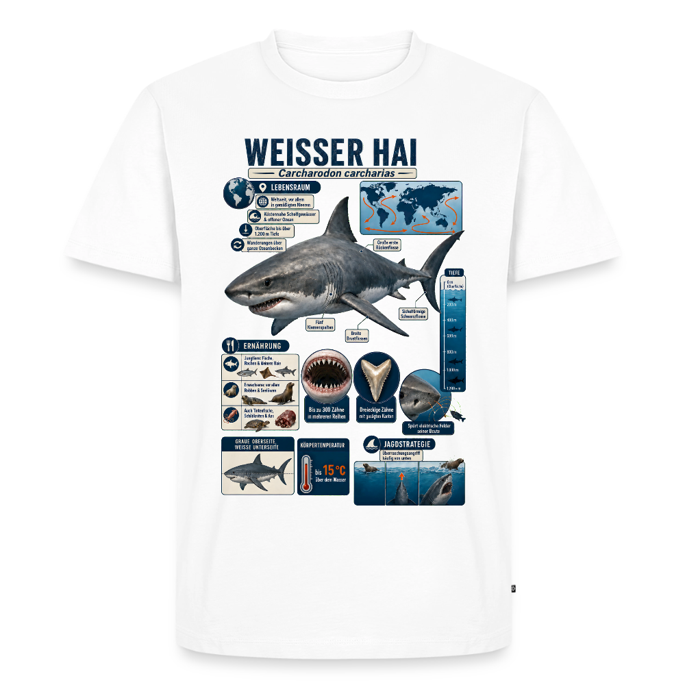 Weißer Hai Infografik – Faszinierende Fakten über den Meeresjäger | Männer Premium T-Shirt - Weiß