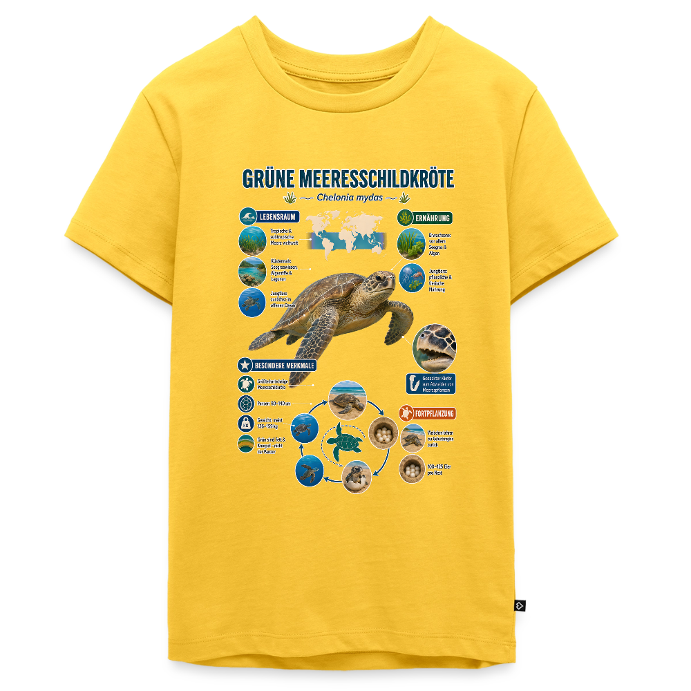 Grüne Meeresschildkröte Infografik – Faszinierende Fakten über den sanften Ozeanbewohner | Teenager Premium T-Shirt - Sonnengelb