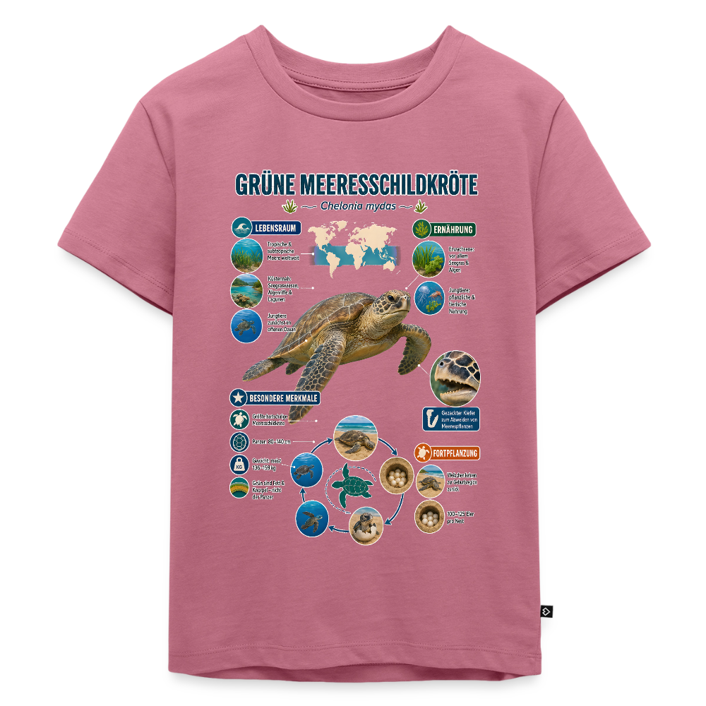 Grüne Meeresschildkröte Infografik – Faszinierende Fakten über den sanften Ozeanbewohner | Kinder Premium T-Shirt - Mauve
