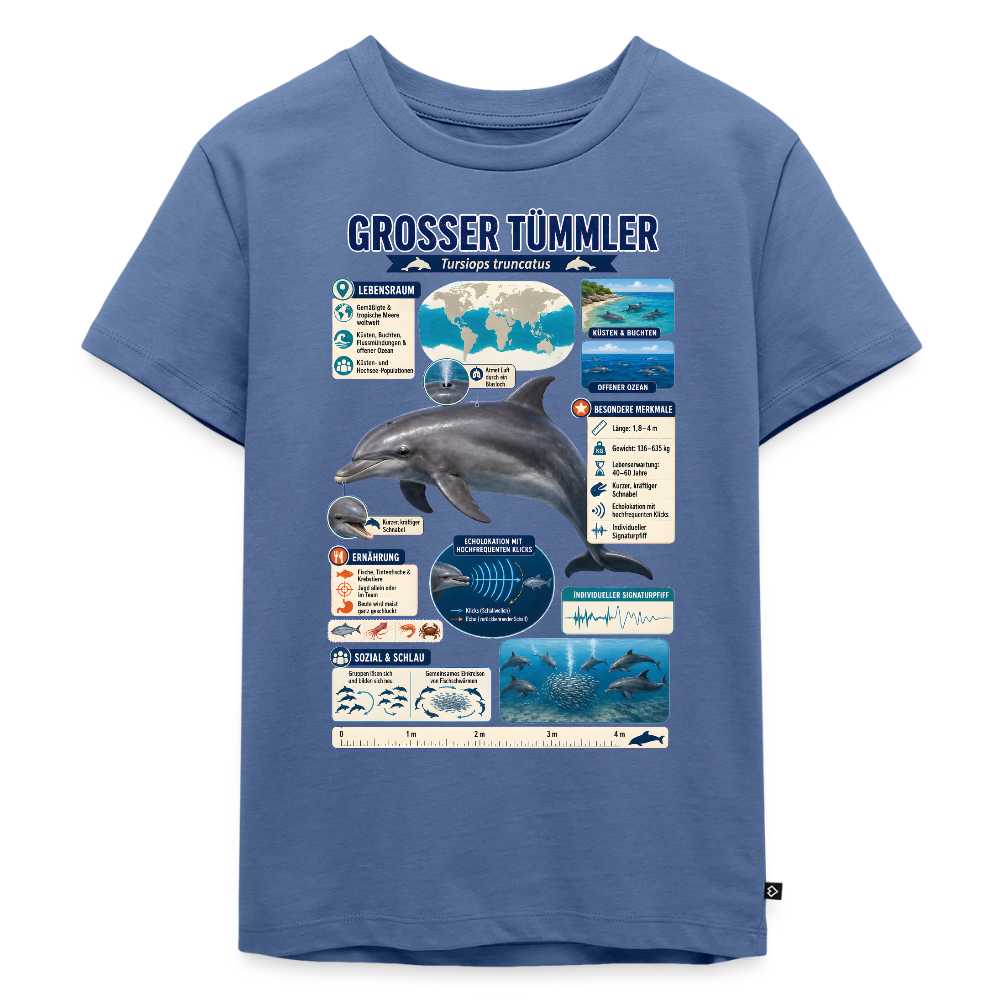 Großer Tümmler Infografik – Spannende Fakten über den intelligenten Delfin | Kinder Premium T-Shirt - Taubenblau