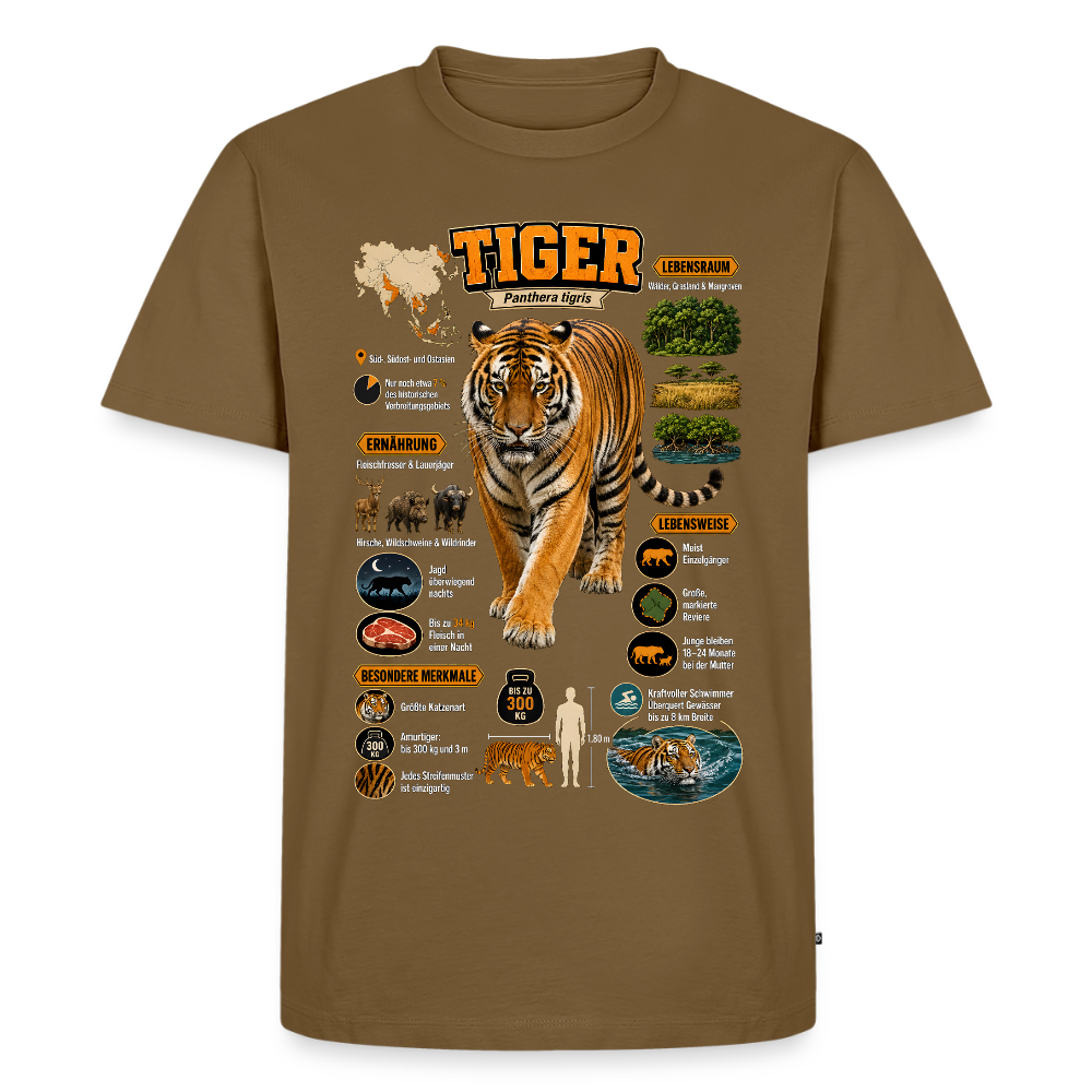 Tiger Infografik – Wissen über den König des Dschungels | Männer Premium T-Shirt - Nussbraun