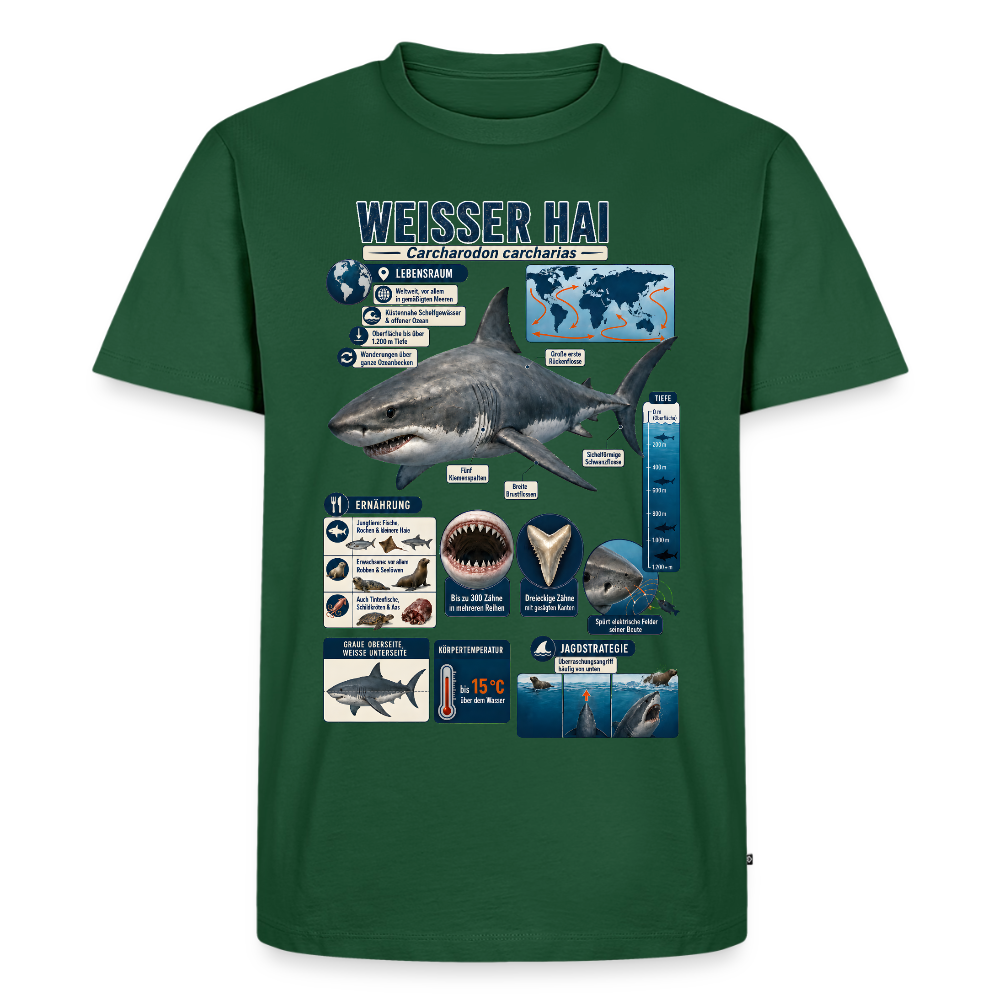 Weißer Hai Infografik – Faszinierende Fakten über den Meeresjäger | Männer Premium T-Shirt - Flaschengrün