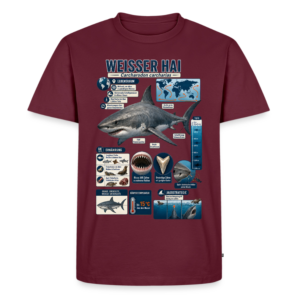 Weißer Hai Infografik – Faszinierende Fakten über den Meeresjäger | Männer Premium T-Shirt - Burgunderrot