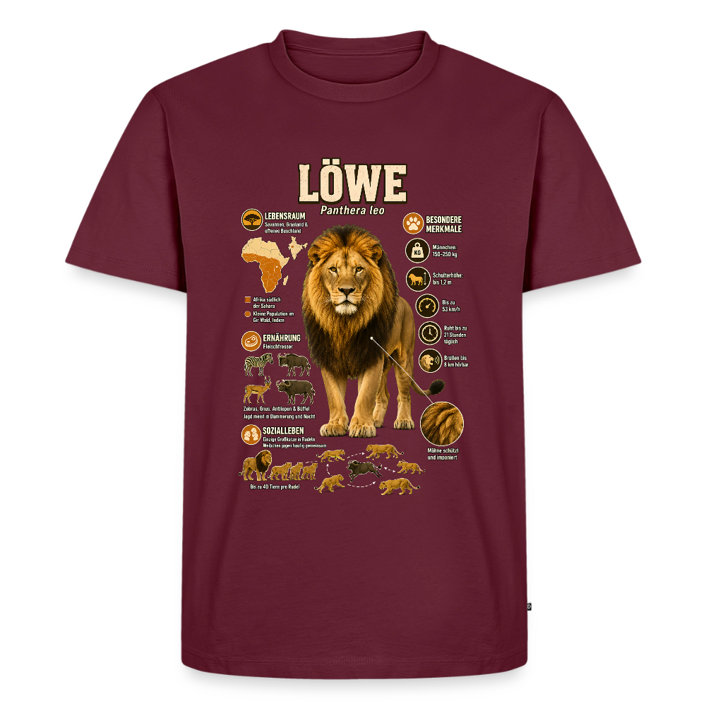 Löwe – König der Savanne | Tier-Infografik | Men’s Premium T-Shirt - Burgunderrot