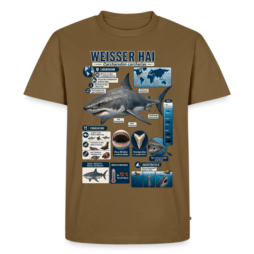Weißer Hai Infografik – Faszinierende Fakten über den Meeresjäger | Männer Premium T-Shirt - Nussbraun