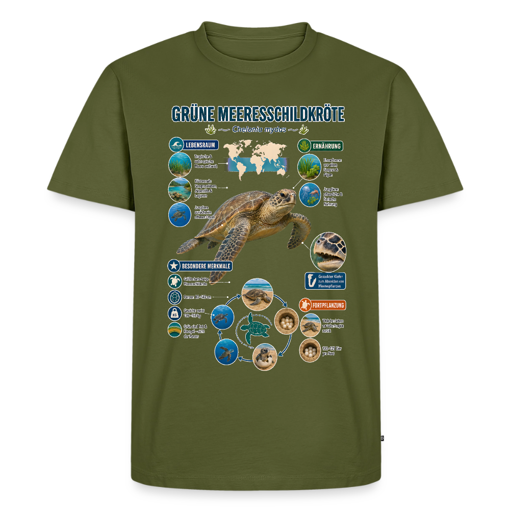 Grüne Meeresschildkröte Infografik – Faszinierende Fakten über den sanften Ozeanbewohner | Männer Premium T-Shirt - Khaki