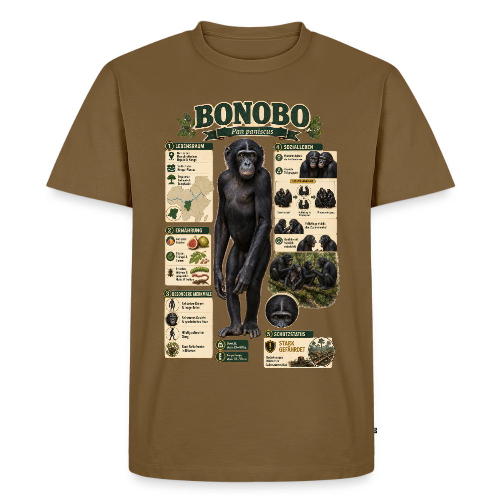 Bonobo Infografik – Faszinierende Fakten über unsere friedlichen Verwandten | Männer Premium T-Shirt - Nussbraun