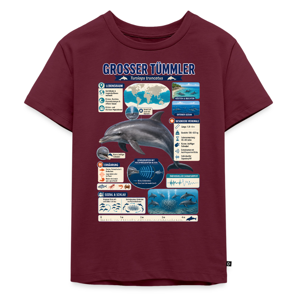 Großer Tümmler Infografik – Spannende Fakten über den intelligenten Delfin | Kinder Premium T-Shirt - Burgunderrot