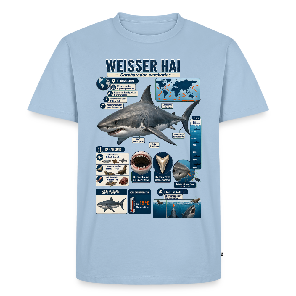 Weißer Hai Infografik – Faszinierende Fakten über den Meeresjäger | Männer Premium T-Shirt - Hellblau