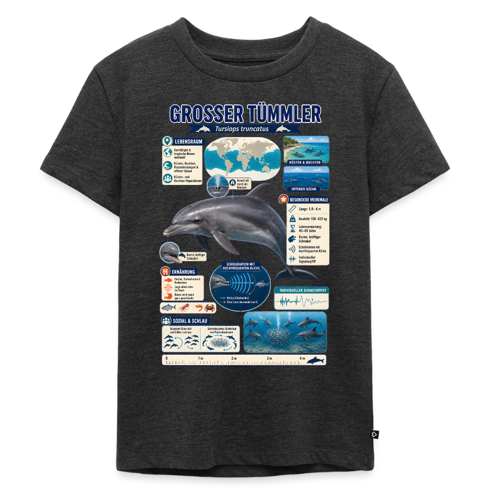 Großer Tümmler Infografik – Spannende Fakten über den intelligenten Delfin | Kinder Premium T-Shirt - Anthrazit meliert