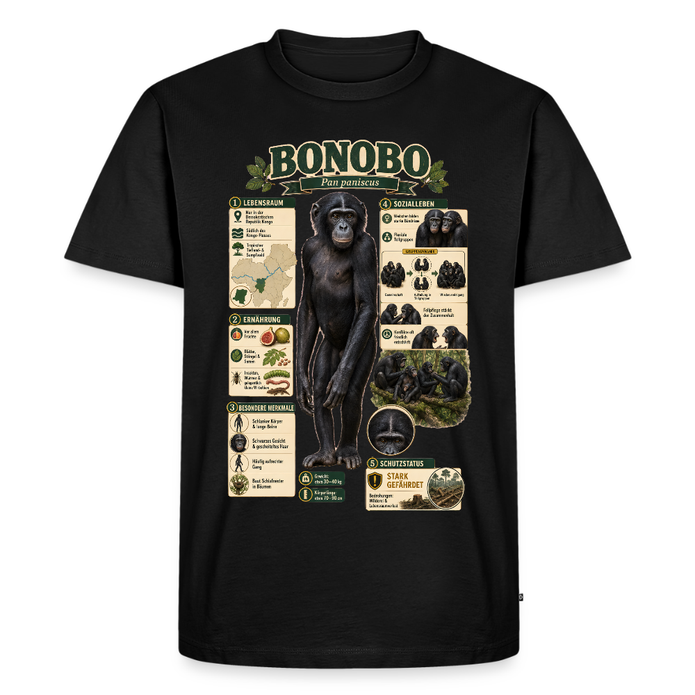 Bonobo Infografik – Faszinierende Fakten über unsere friedlichen Verwandten | Männer Premium T-Shirt - Schwarz