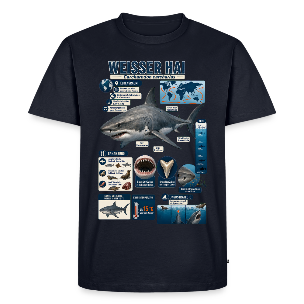 Weißer Hai Infografik – Faszinierende Fakten über den Meeresjäger | Männer Premium T-Shirt - Navy