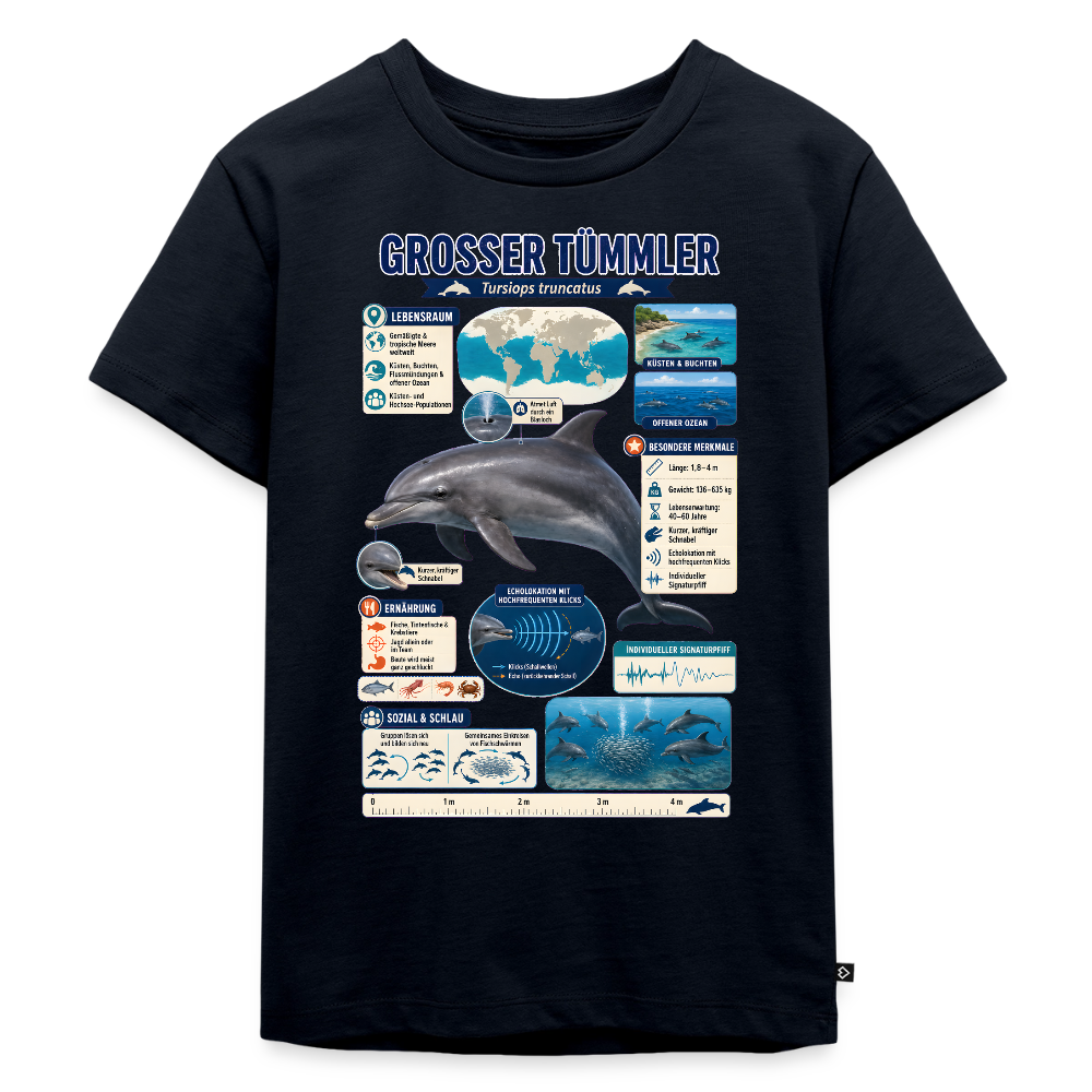 Großer Tümmler Infografik – Spannende Fakten über den intelligenten Delfin | Kinder Premium T-Shirt - Navy