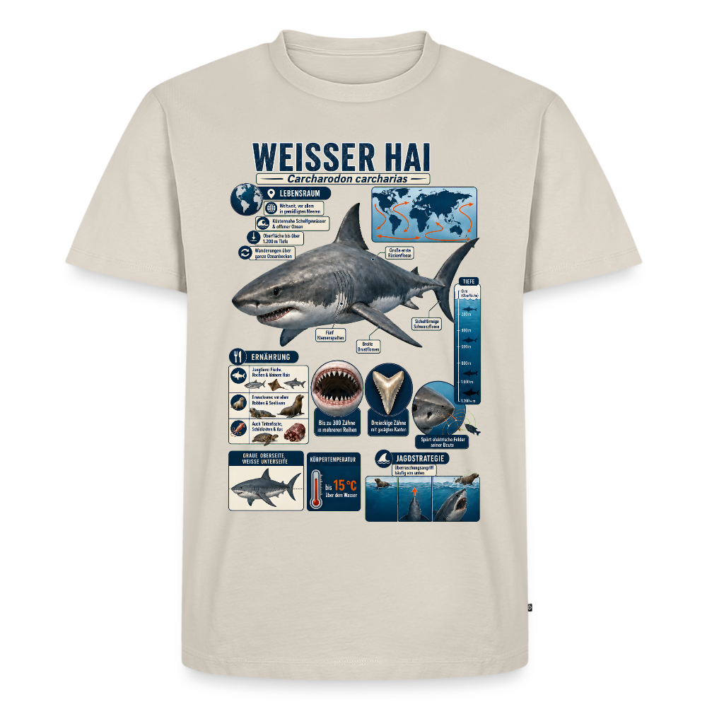 Weißer Hai Infografik – Faszinierende Fakten über den Meeresjäger | Männer Premium T-Shirt - Beige