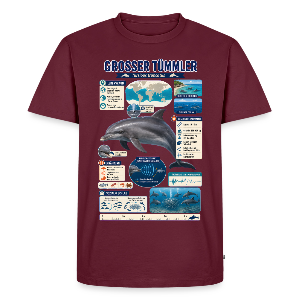 Großer Tümmler Infografik – Spannende Fakten über den intelligenten Delfin | Männer Premium T-Shirt - Burgunderrot