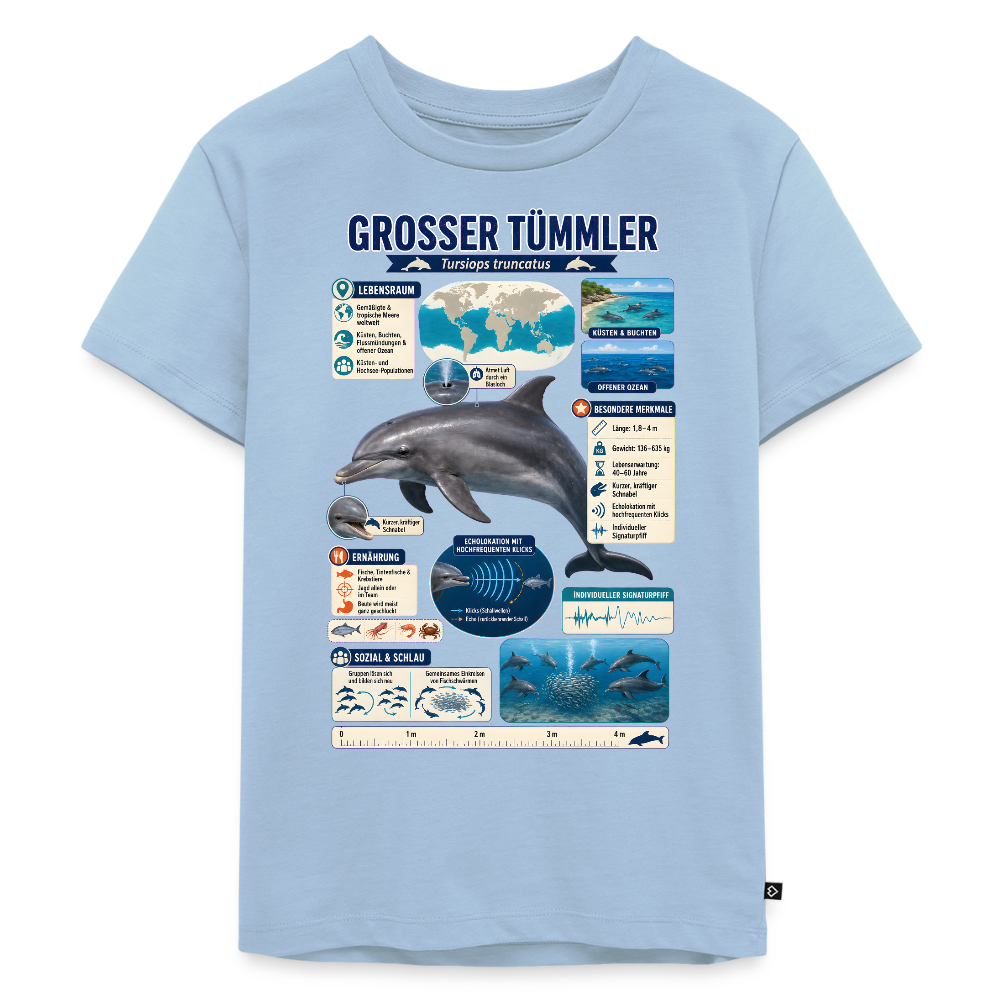 Großer Tümmler Infografik – Spannende Fakten über den intelligenten Delfin | Kinder Premium T-Shirt - Hellblau