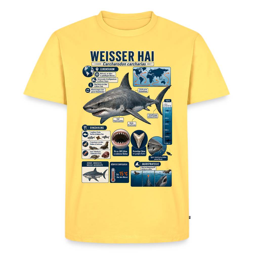 Weißer Hai Infografik – Faszinierende Fakten über den Meeresjäger | Männer Premium T-Shirt - Pastellgelb