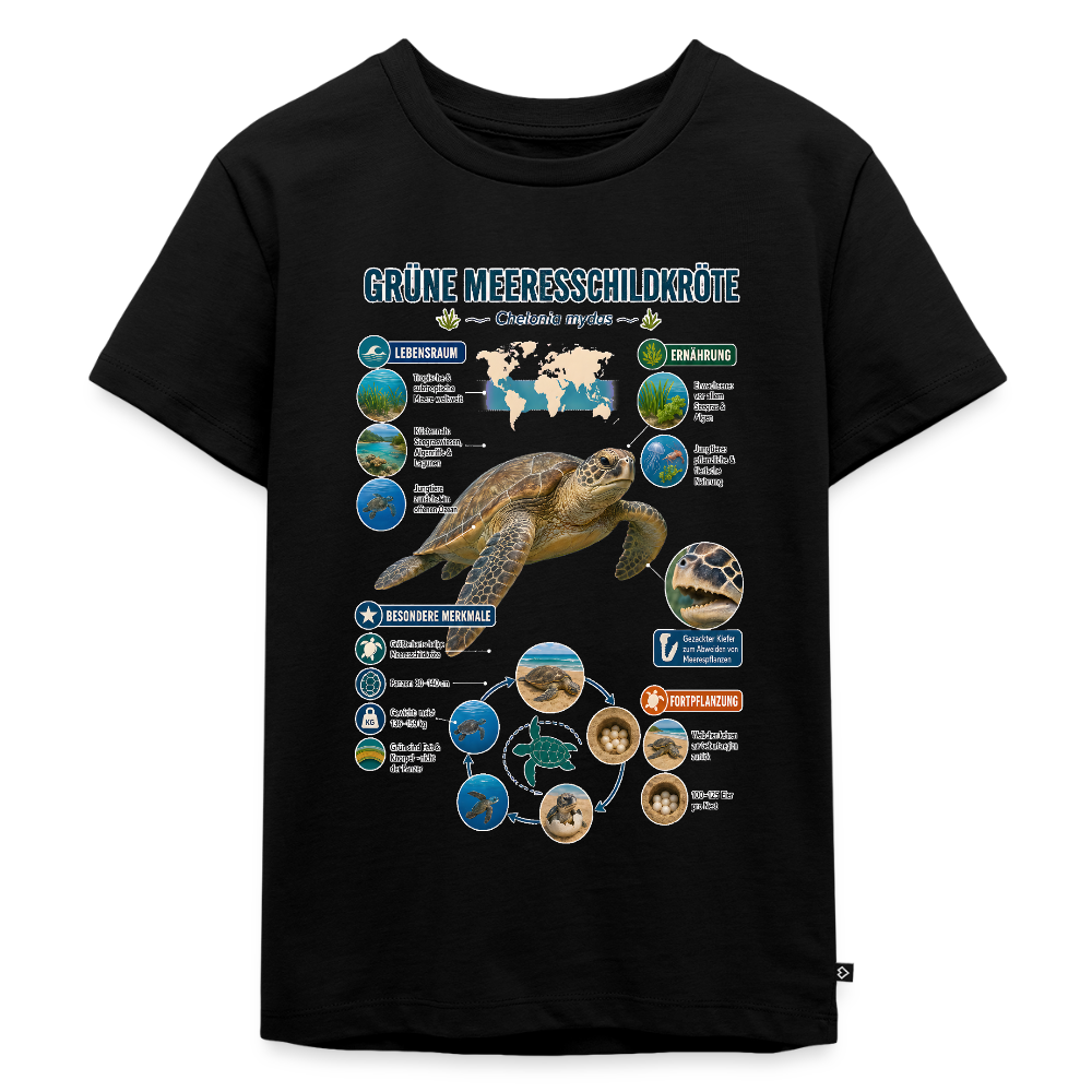 Grüne Meeresschildkröte Infografik – Faszinierende Fakten über den sanften Ozeanbewohner | Kinder Premium T-Shirt - Schwarz