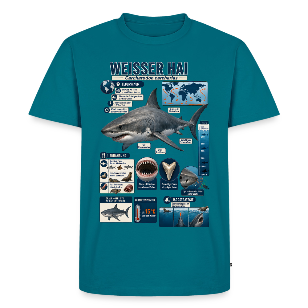 Weißer Hai Infografik – Faszinierende Fakten über den Meeresjäger | Männer Premium T-Shirt - Petrol