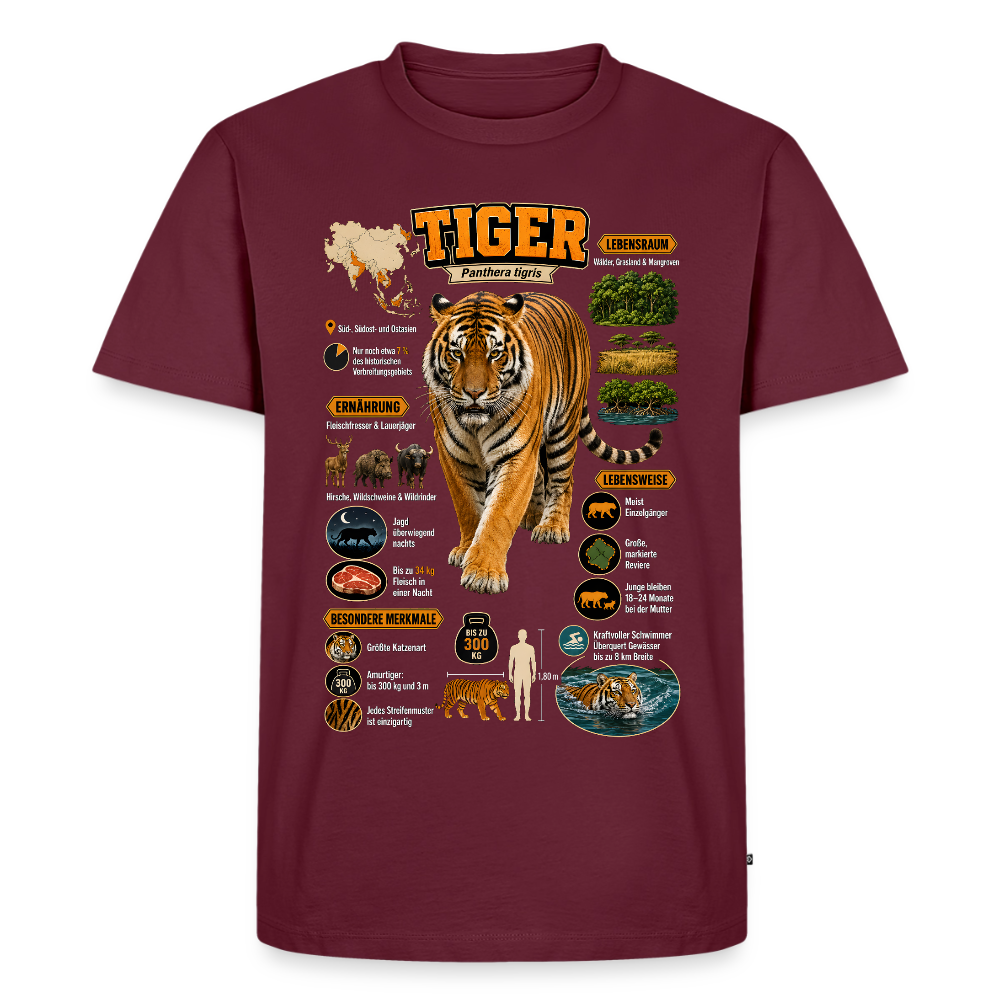 Tiger Infografik – Wissen über den König des Dschungels | Männer Premium T-Shirt - Burgunderrot
