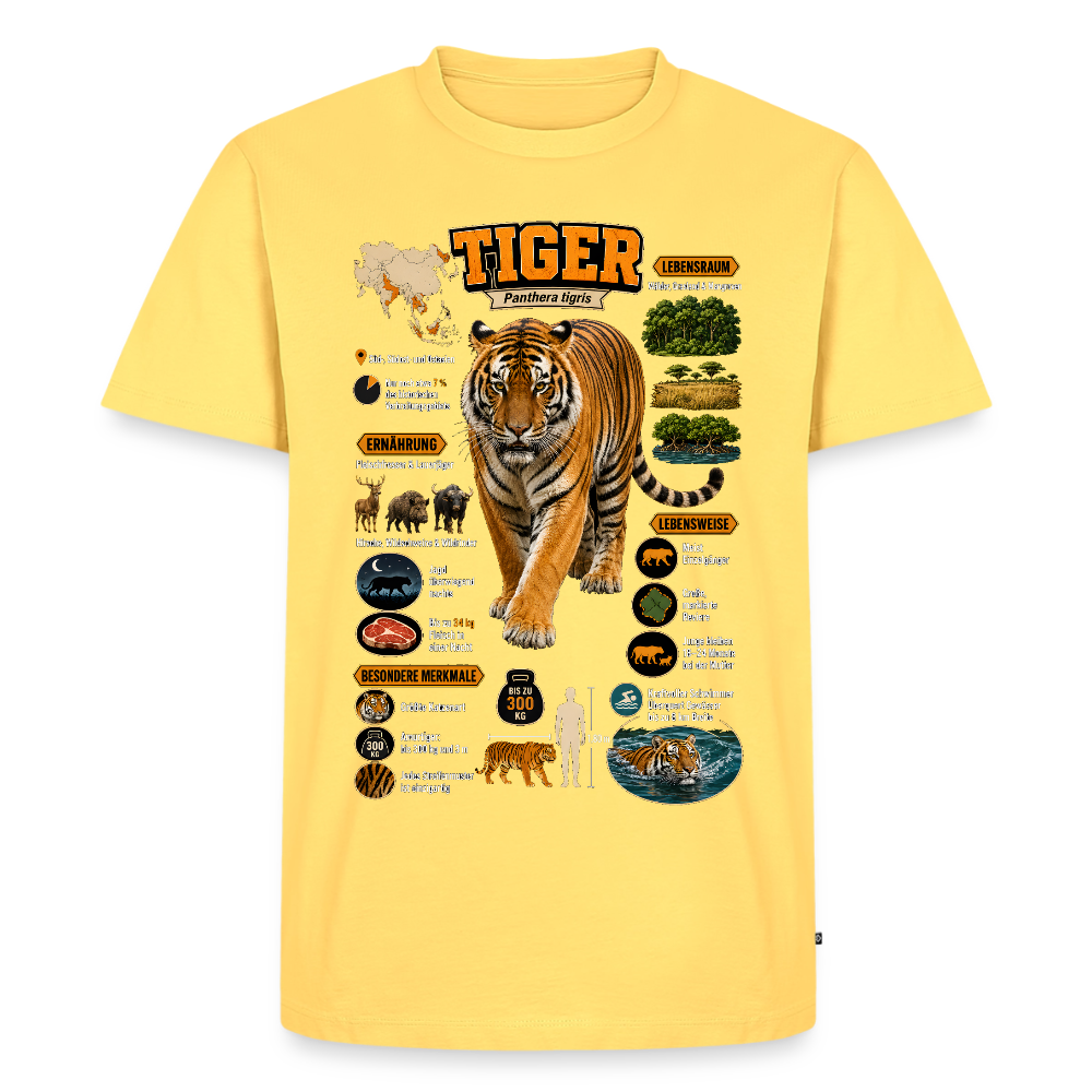 Tiger Infografik – Wissen über den König des Dschungels | Männer Premium T-Shirt - Pastellgelb