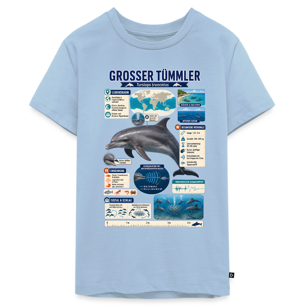 Großer Tümmler Infografik – Spannende Fakten über den intelligenten Delfin | Teenager Premium T-Shirt - Hellblau