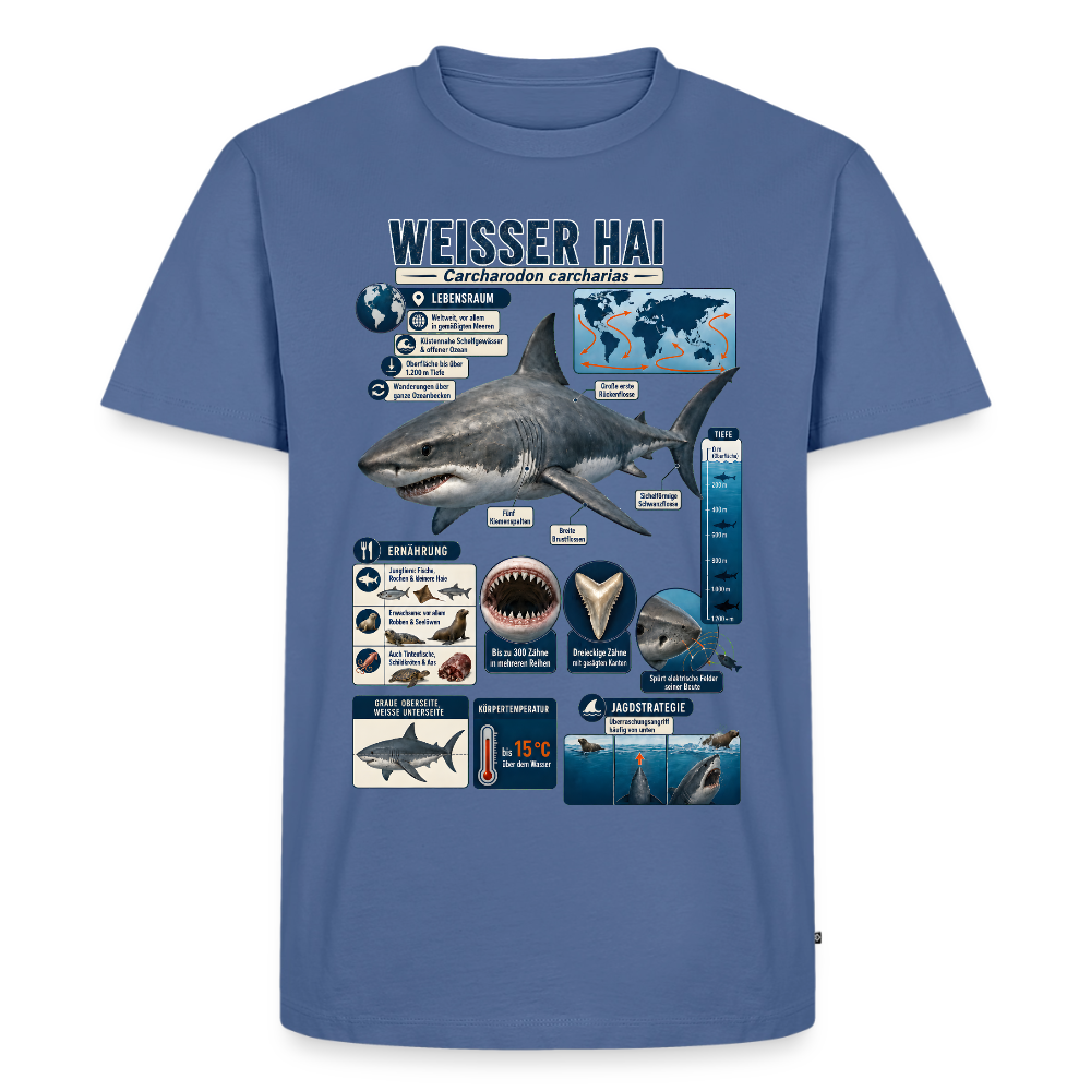 Weißer Hai Infografik – Faszinierende Fakten über den Meeresjäger | Männer Premium T-Shirt - Taubenblau