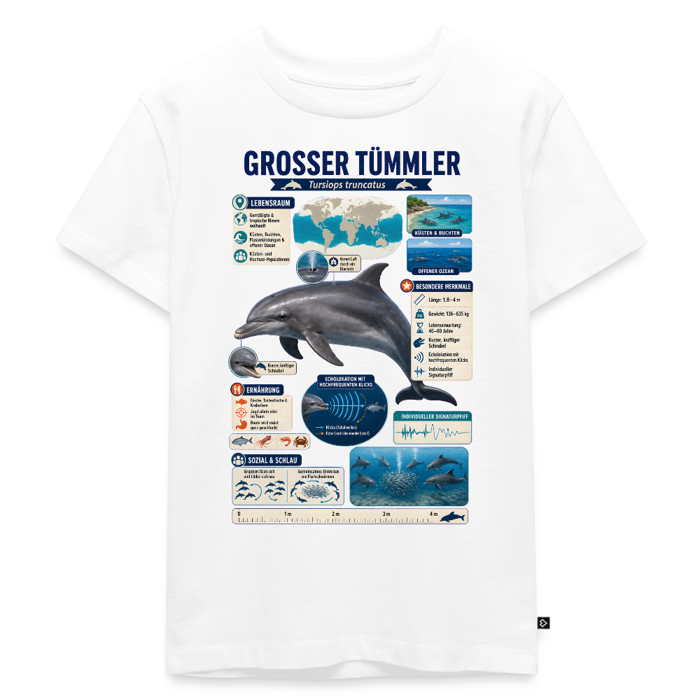 Großer Tümmler Infografik – Spannende Fakten über den intelligenten Delfin | Kinder Premium T-Shirt - Weiß