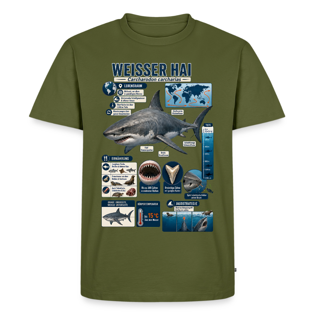 Weißer Hai Infografik – Faszinierende Fakten über den Meeresjäger | Männer Premium T-Shirt - Khaki