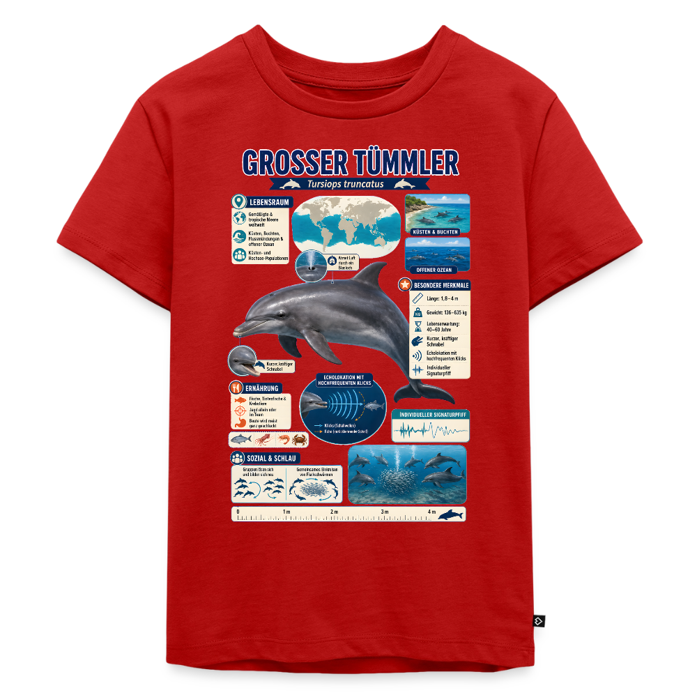 Großer Tümmler Infografik – Spannende Fakten über den intelligenten Delfin | Kinder Premium T-Shirt - Rot
