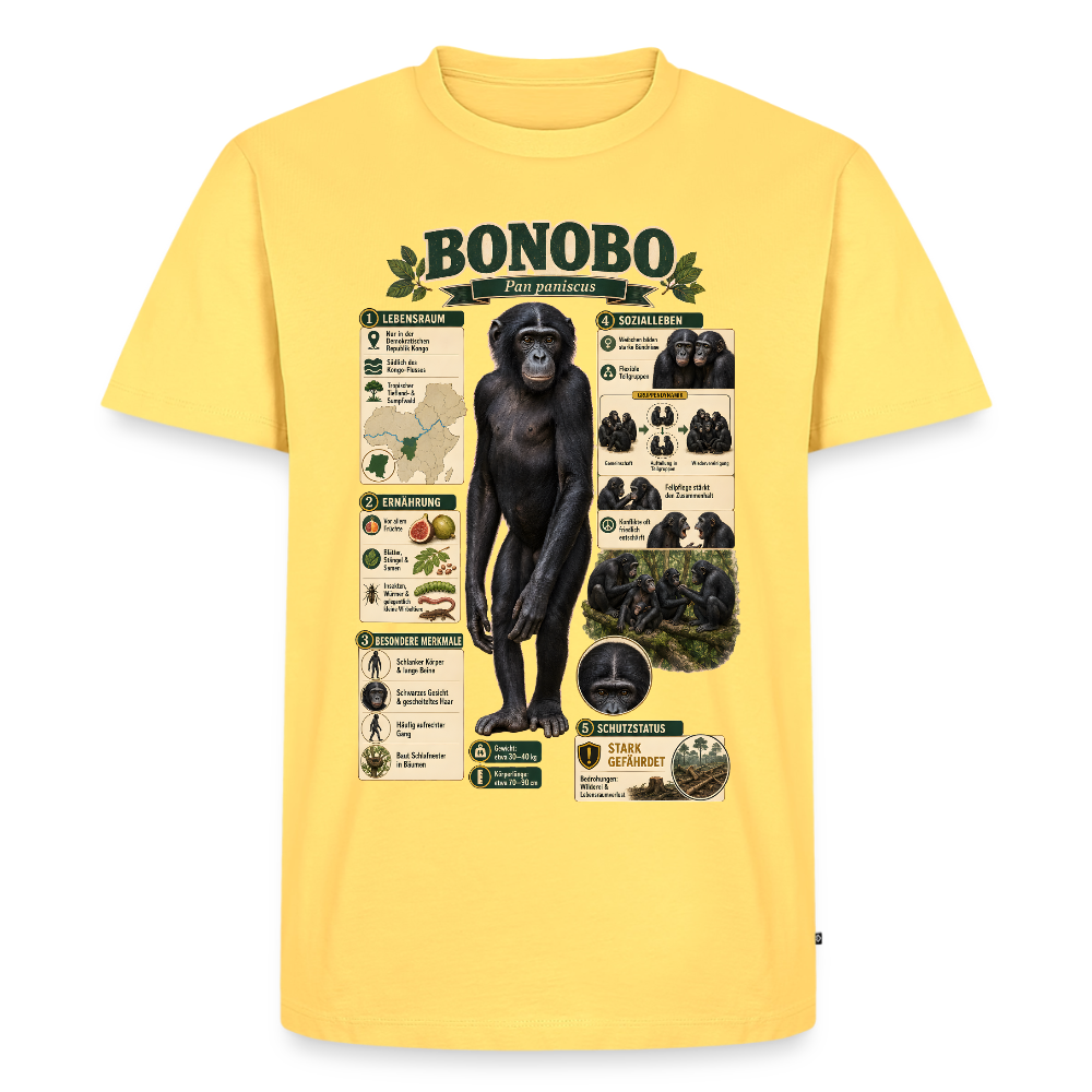 Bonobo Infografik – Faszinierende Fakten über unsere friedlichen Verwandten | Männer Premium T-Shirt - Pastellgelb