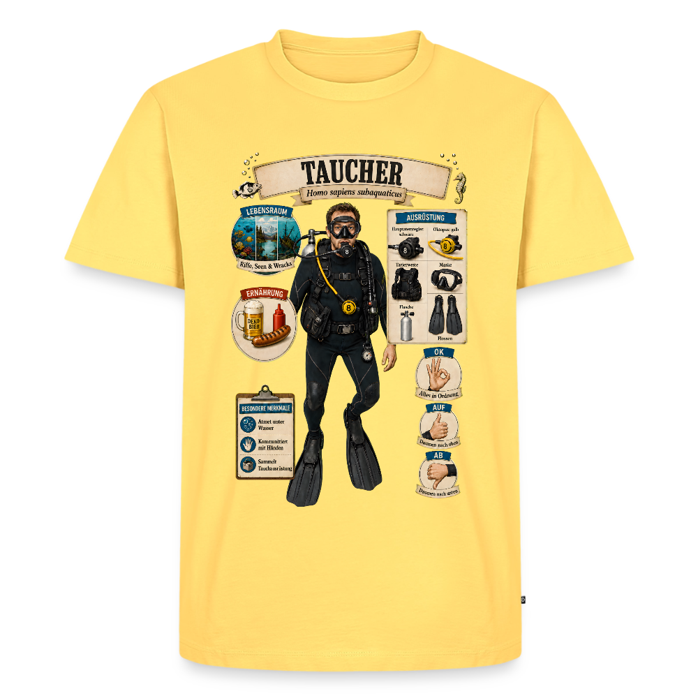 Taucher Infografik – Homo sapiens subaquaticus | Männer Premium T-Shirt - Pastellgelb
