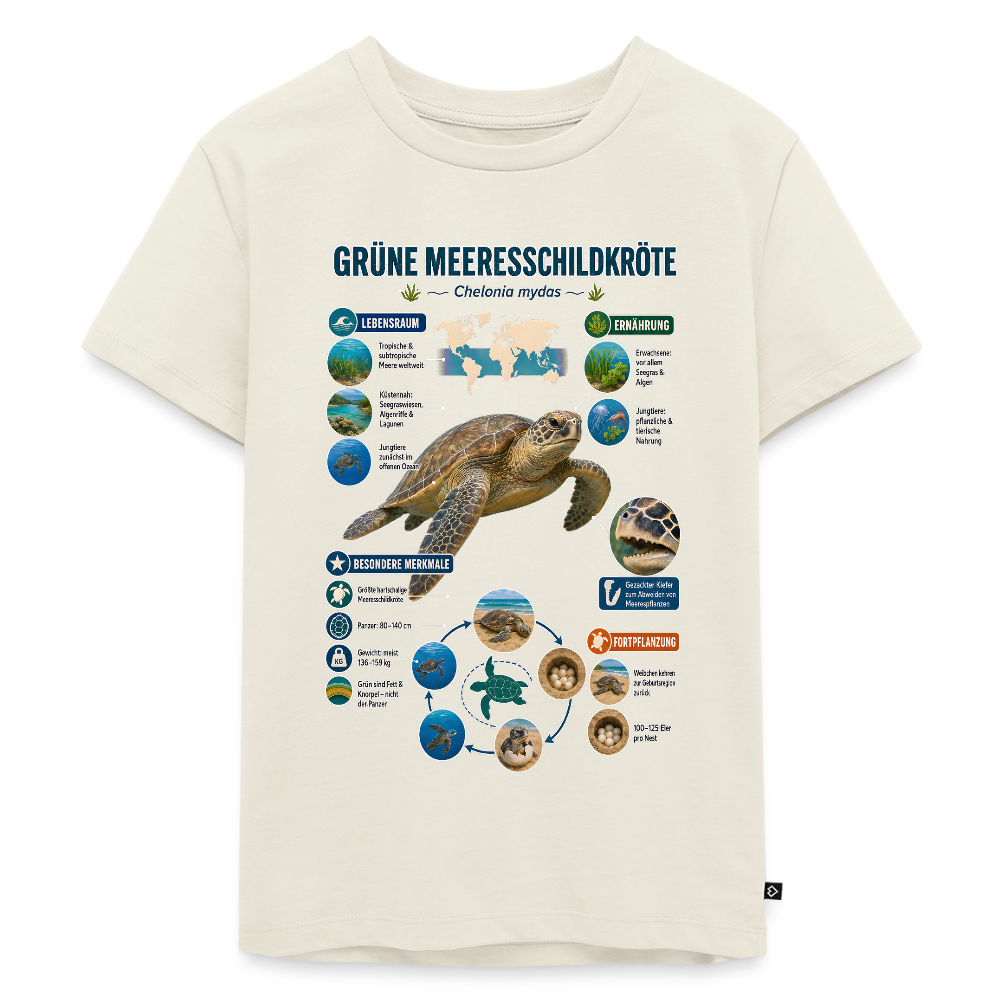 Grüne Meeresschildkröte Infografik – Faszinierende Fakten über den sanften Ozeanbewohner | Kinder Premium T-Shirt - Naturweiß