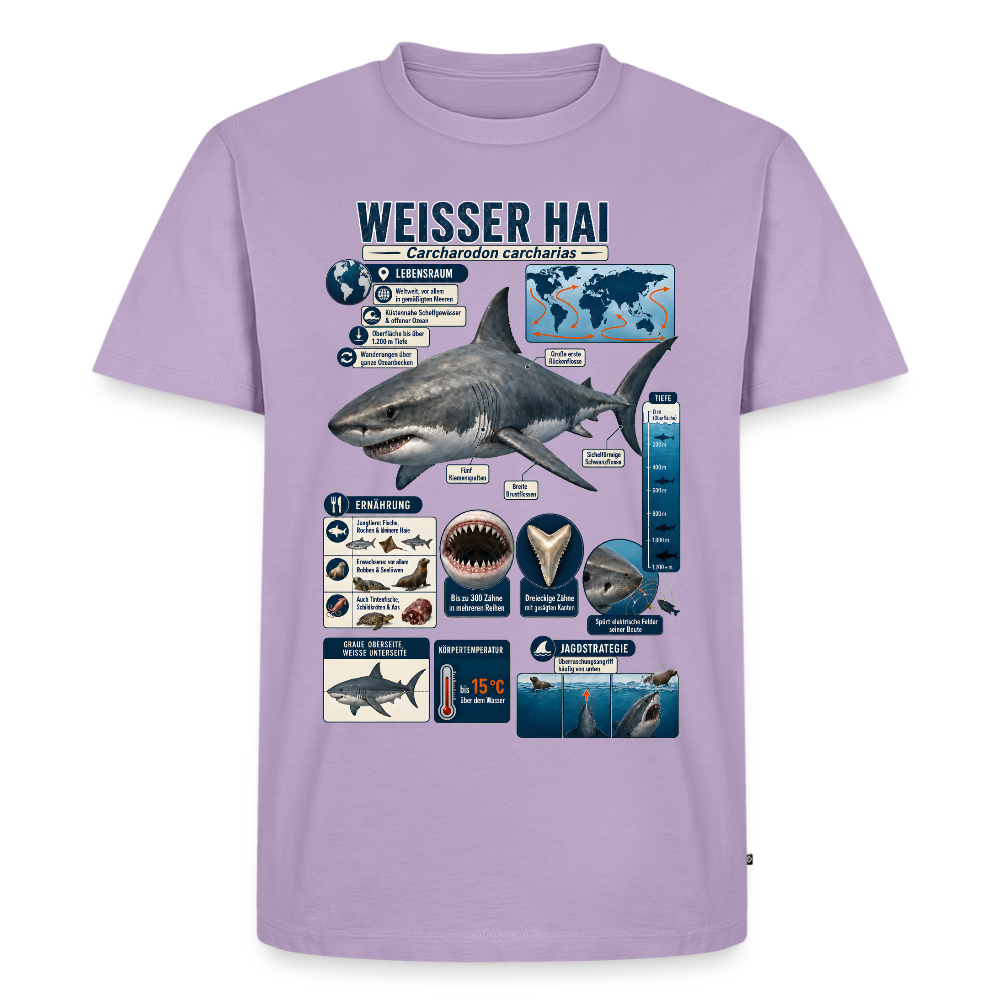 Weißer Hai Infografik – Faszinierende Fakten über den Meeresjäger | Männer Premium T-Shirt - Lavendel