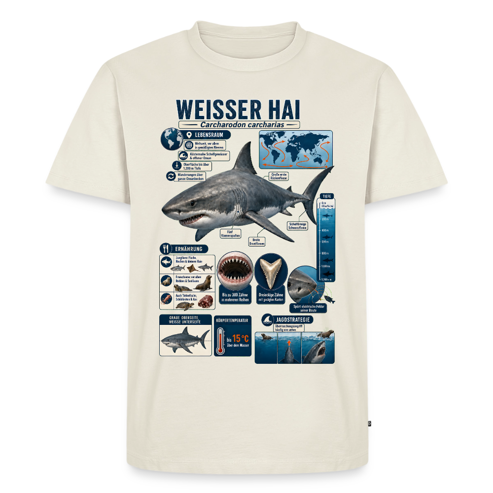 Weißer Hai Infografik – Faszinierende Fakten über den Meeresjäger | Männer Premium T-Shirt - Naturweiß