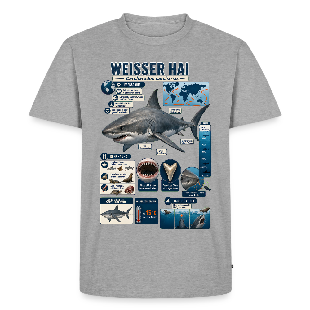 Weißer Hai Infografik – Faszinierende Fakten über den Meeresjäger | Männer Premium T-Shirt - Grau meliert